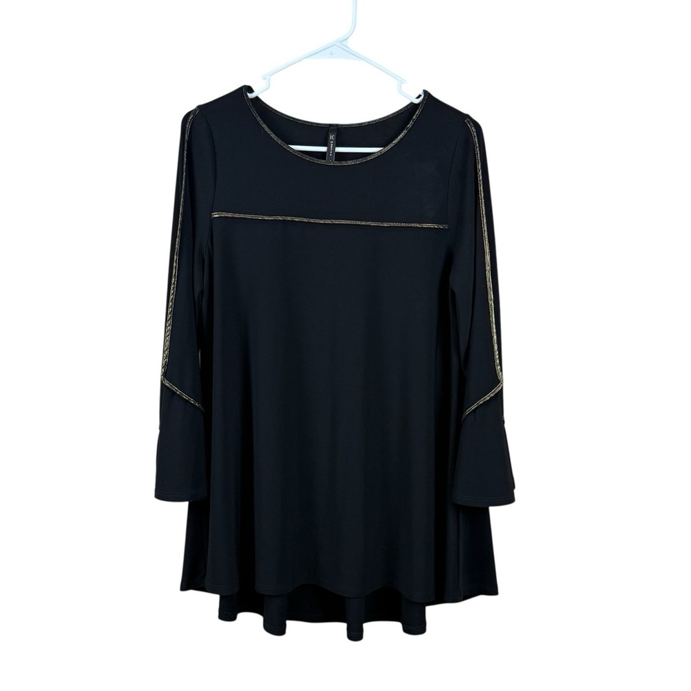 IC Collection by‎ Connie K Womens Tunic Small Asymmetric Hem Metallic Trim Black